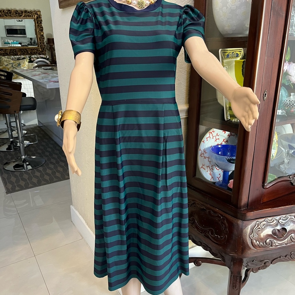 Jude Connally Teal and Black Striped Midi Dress